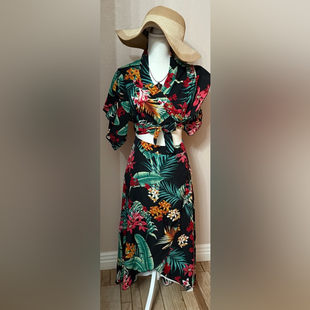 Tropical Floral Wrap blouse with matching midi maxi skirt